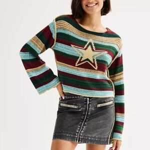 SO Wonderland Cropped Star Print Sweater Striped Bell Sleeve Pullover M NWT